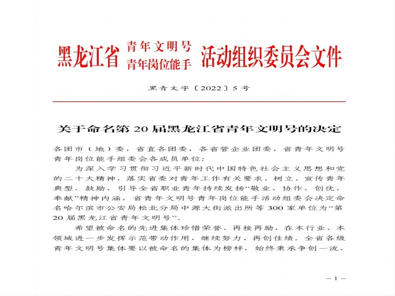喜报！水利水电集团k8凯发第一项目部 荣获“第20届黑龙江省青年文明号”